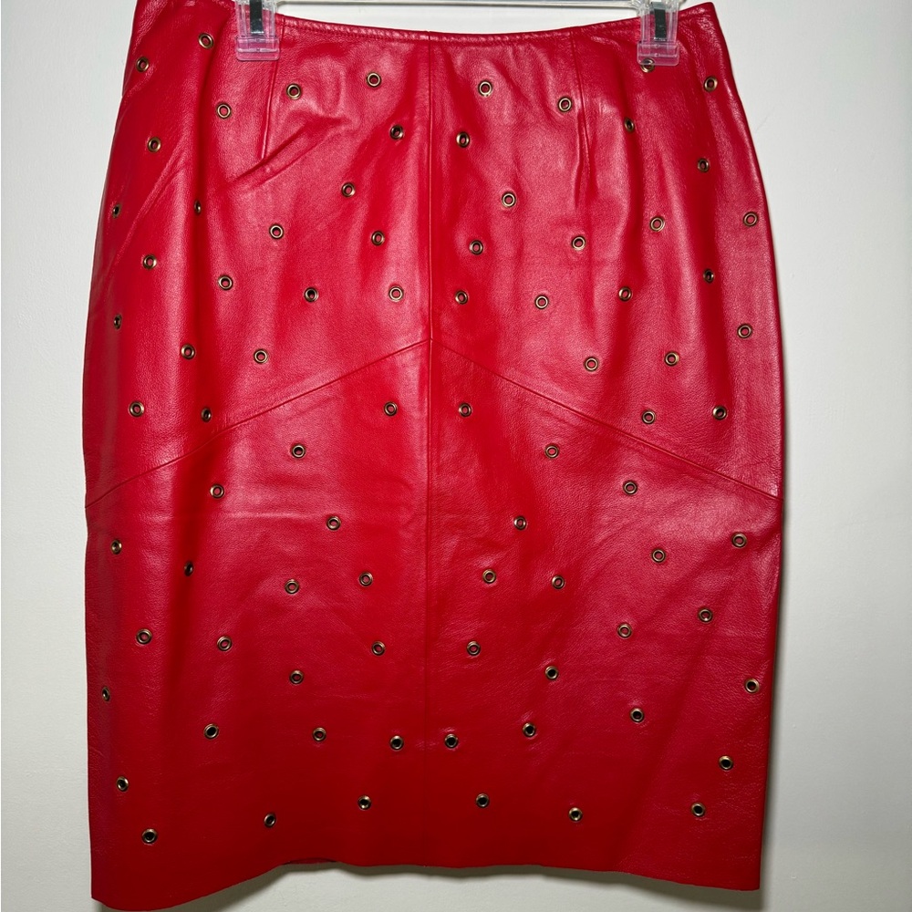 SOLD! Red 100% Genuine Leather Skirt with Stud Details